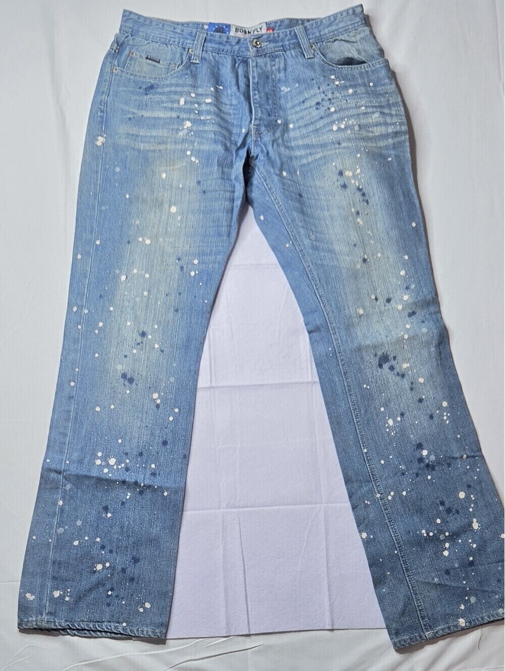 Born Fly Paint Splatter Distressed Jeans Light Blue Straight Leg 34x33.5